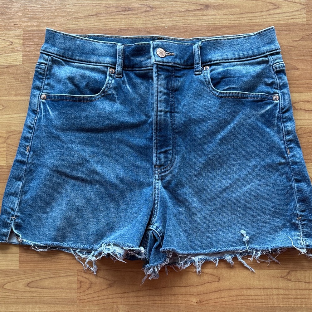 Express Dark Blue Denim Frayed Hem Shorts
